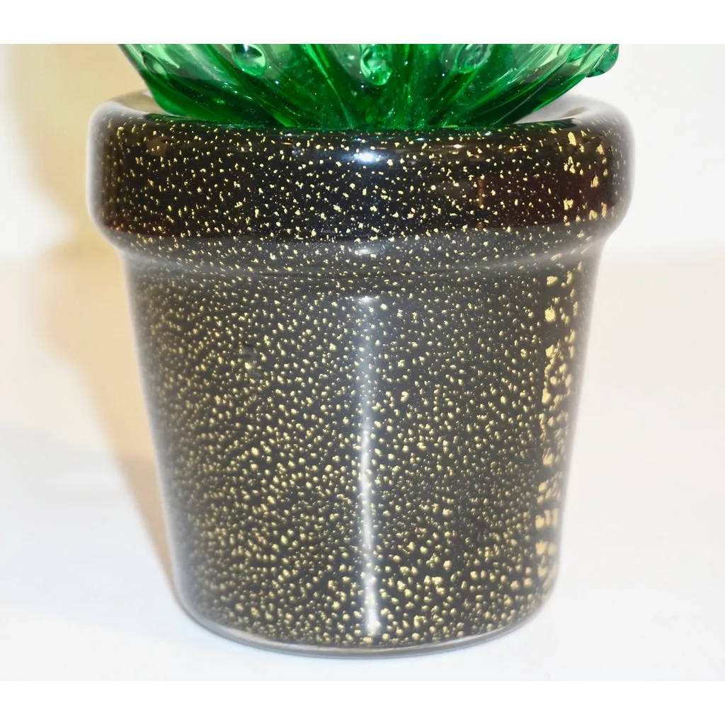 1990s Vintage Italian Green Murano Glass Small Cactus Plant in Black & Gold Pot