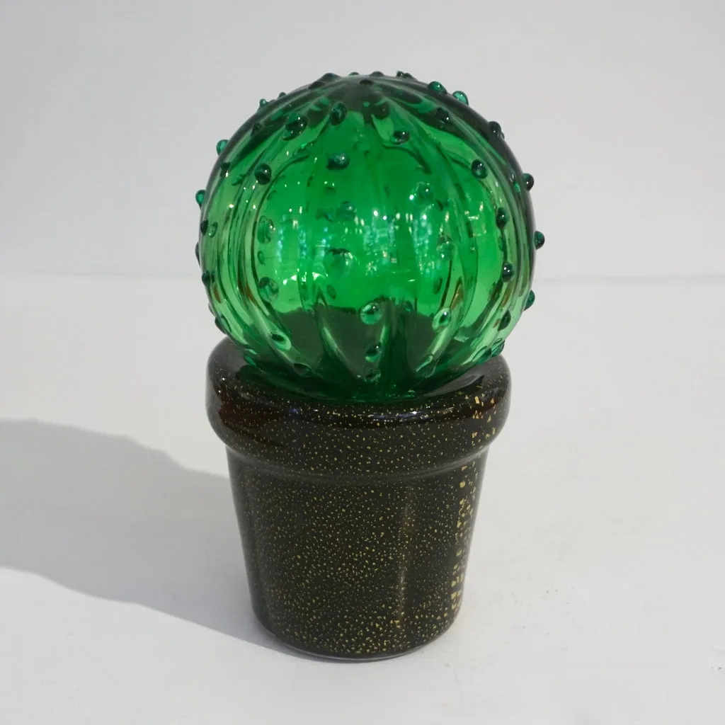 1990s Vintage Italian Green Murano Glass Small Cactus Plant in Black & Gold Pot