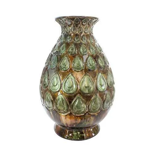 8.75" X 8.75" X 14.25" Turquoise Copper Bronze Ceramic Foiled and Lacquered Pattern Stamped Vase