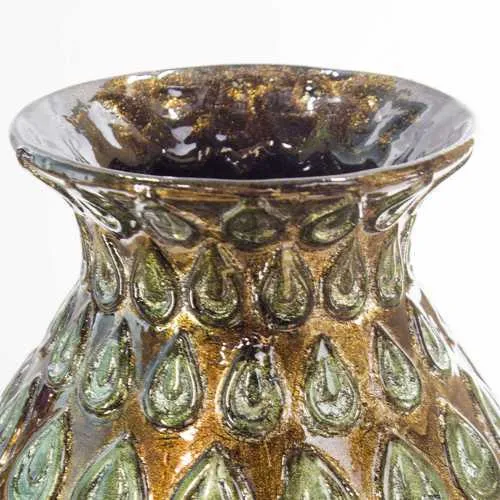 8.75" X 8.75" X 14.25" Turquoise Copper Bronze Ceramic Foiled and Lacquered Pattern Stamped Vase