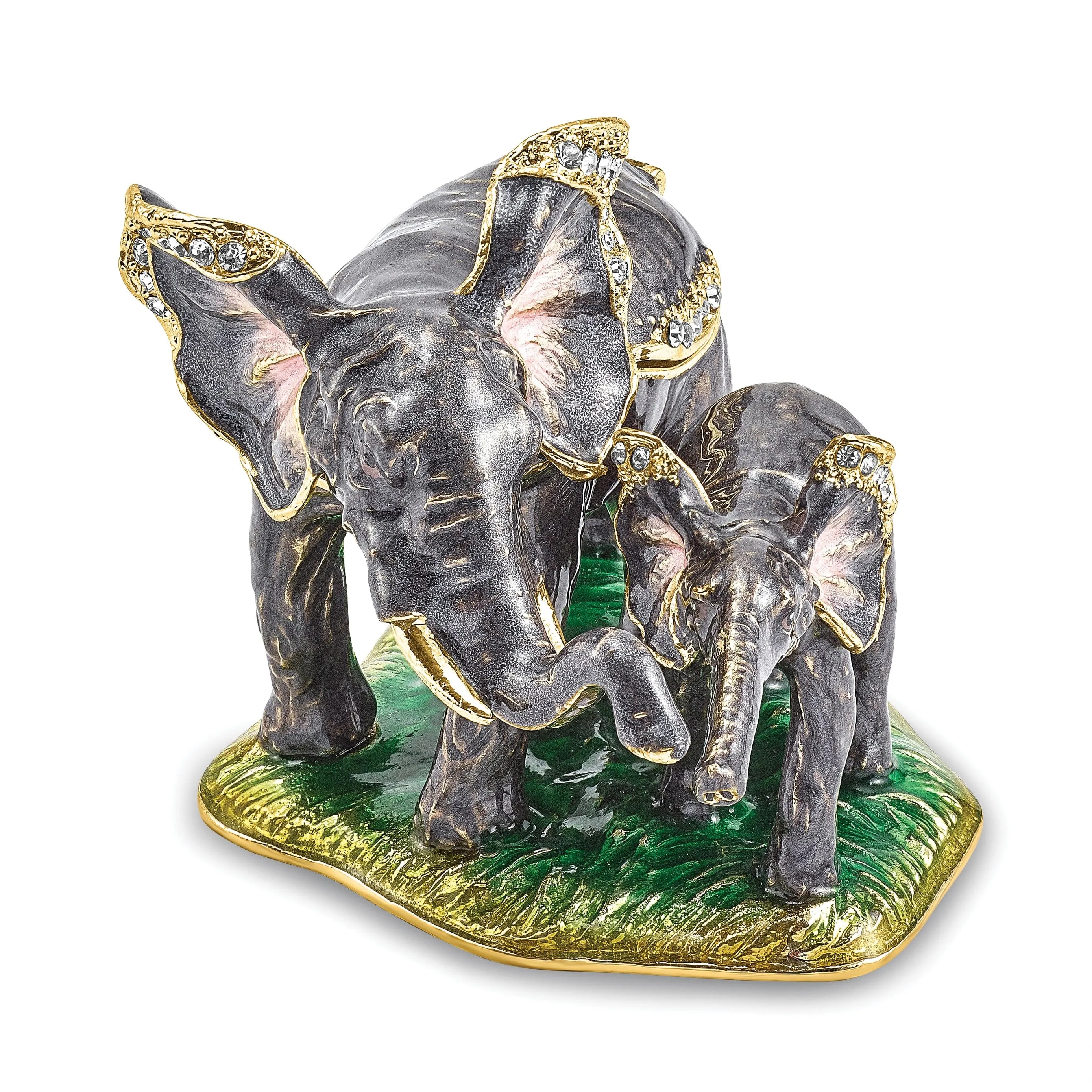 Bejeweled Green, Pink Color ELLA ELI Mom Baby Elephant Trinket Box