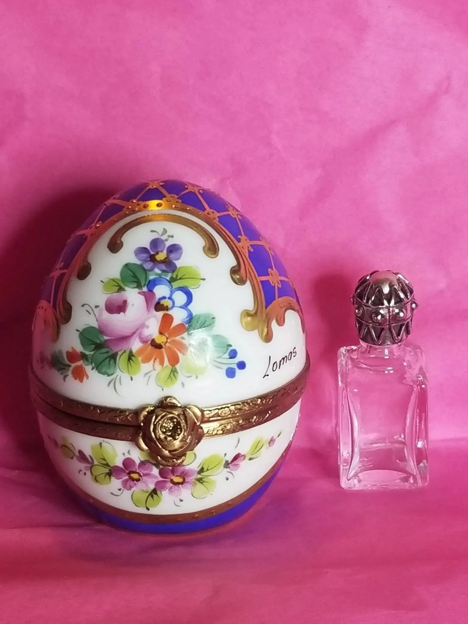 Blue Gold Perfume bottle 2.75" Egg Gold Encrustation