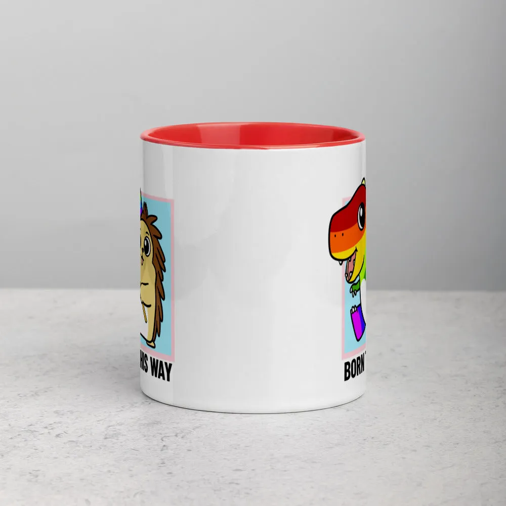 Born This Way LGBT Pride Cartoon Porcupine and Dinosaur Mug with Color Inside