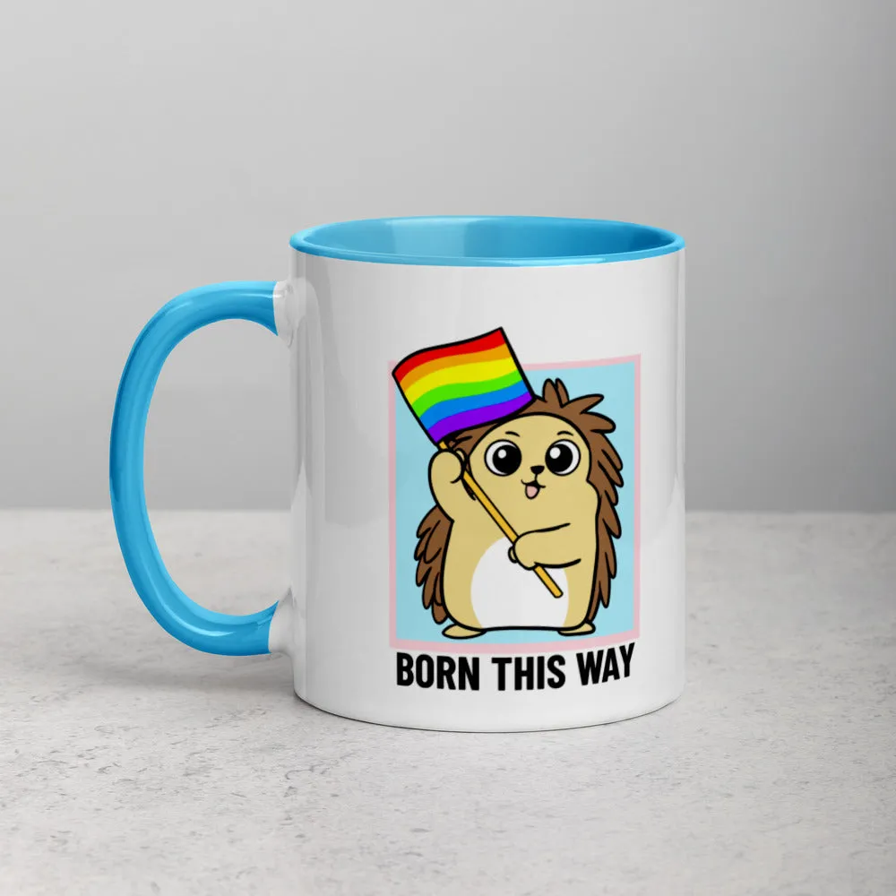 Born This Way LGBT Pride Cartoon Porcupine and Dinosaur Mug with Color Inside