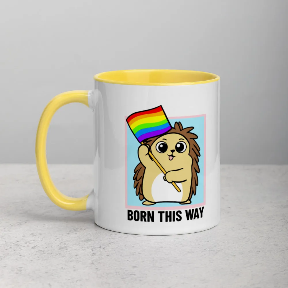 Born This Way LGBT Pride Cartoon Porcupine and Dinosaur Mug with Color Inside