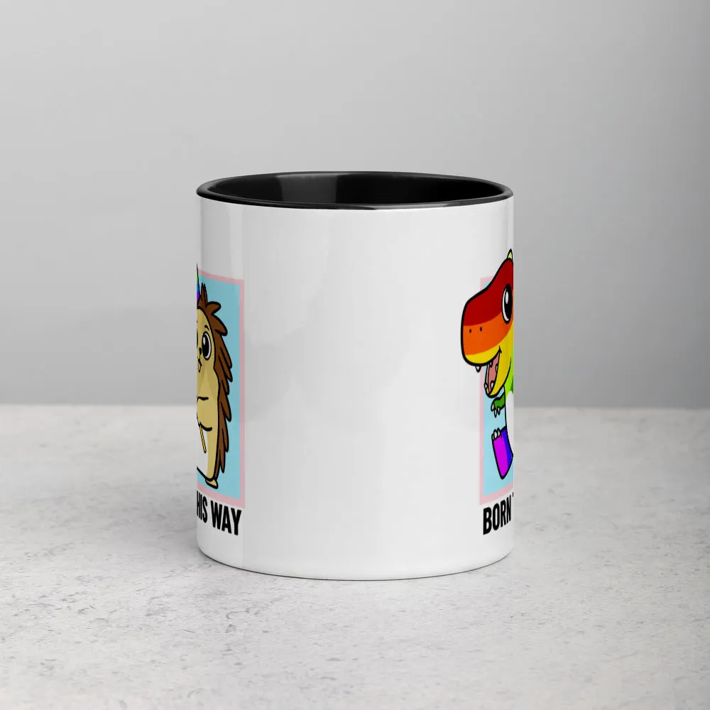 Born This Way LGBT Pride Cartoon Porcupine and Dinosaur Mug with Color Inside