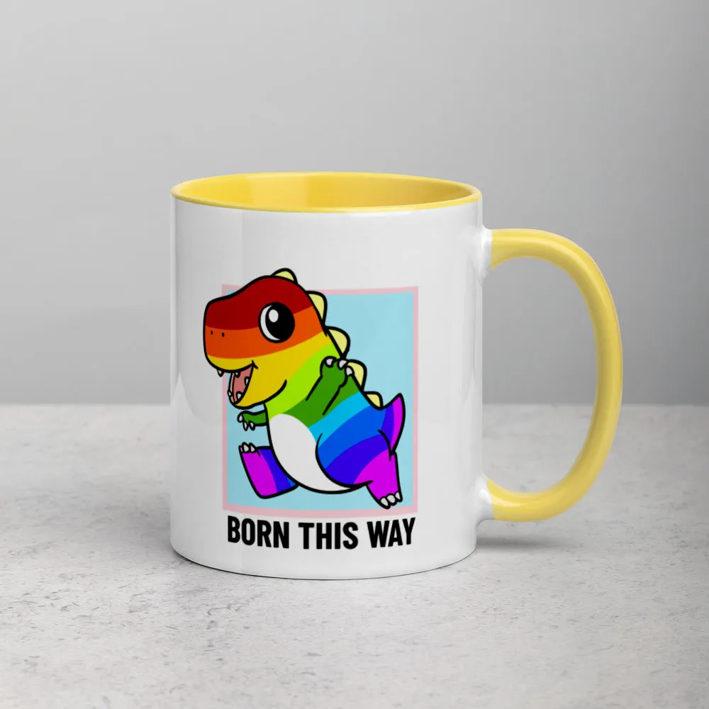 Born This Way LGBT Pride Cartoon Porcupine and Dinosaur Mug with Color Inside