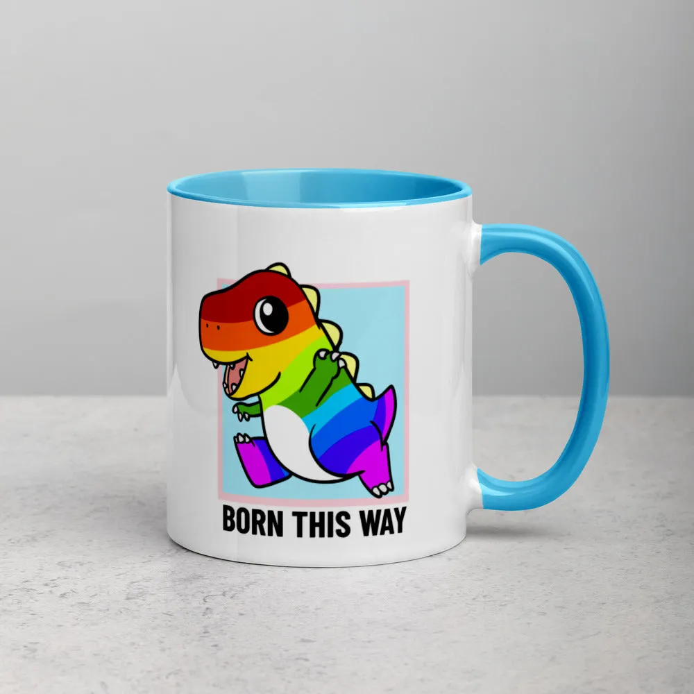 Born This Way LGBT Pride Cartoon Porcupine and Dinosaur Mug with Color Inside