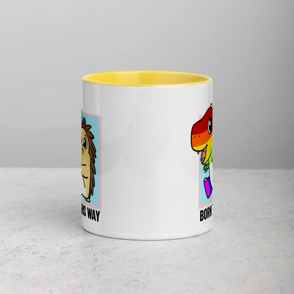 Born This Way LGBT Pride Cartoon Porcupine and Dinosaur Mug with Color Inside