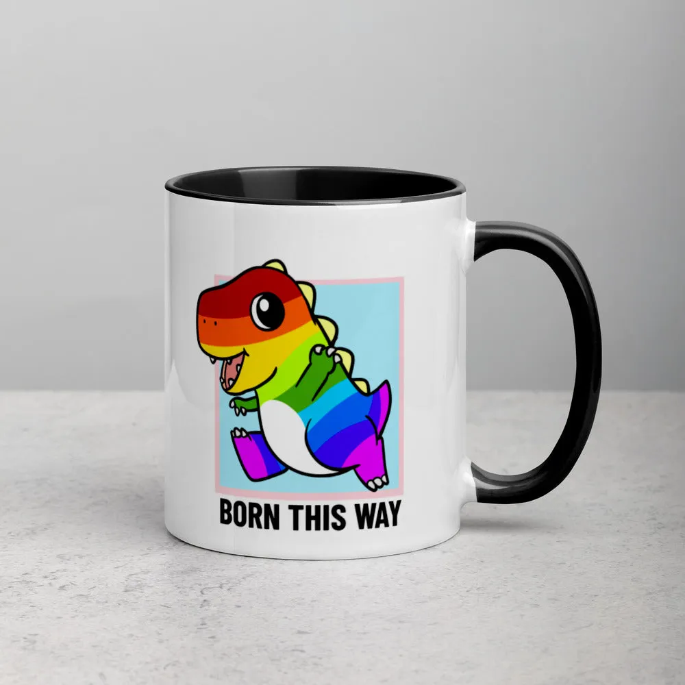 Born This Way LGBT Pride Cartoon Porcupine and Dinosaur Mug with Color Inside