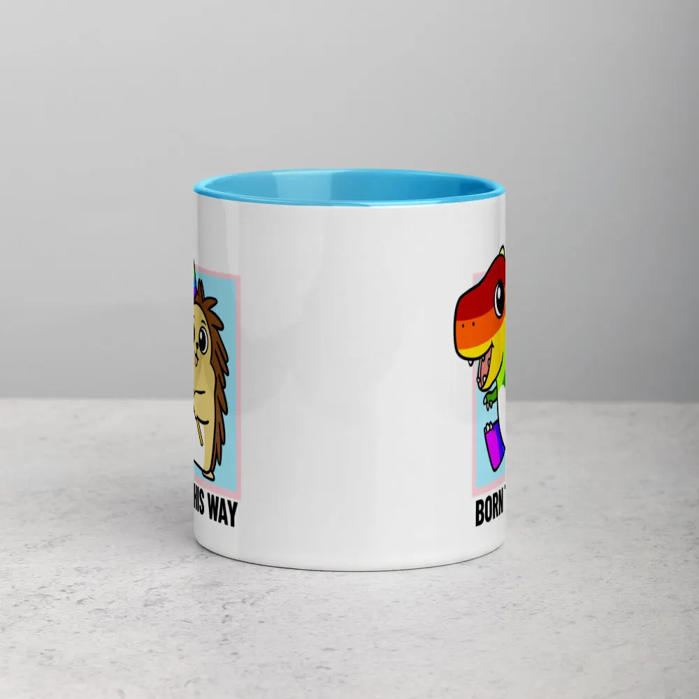 Born This Way LGBT Pride Cartoon Porcupine and Dinosaur Mug with Color Inside