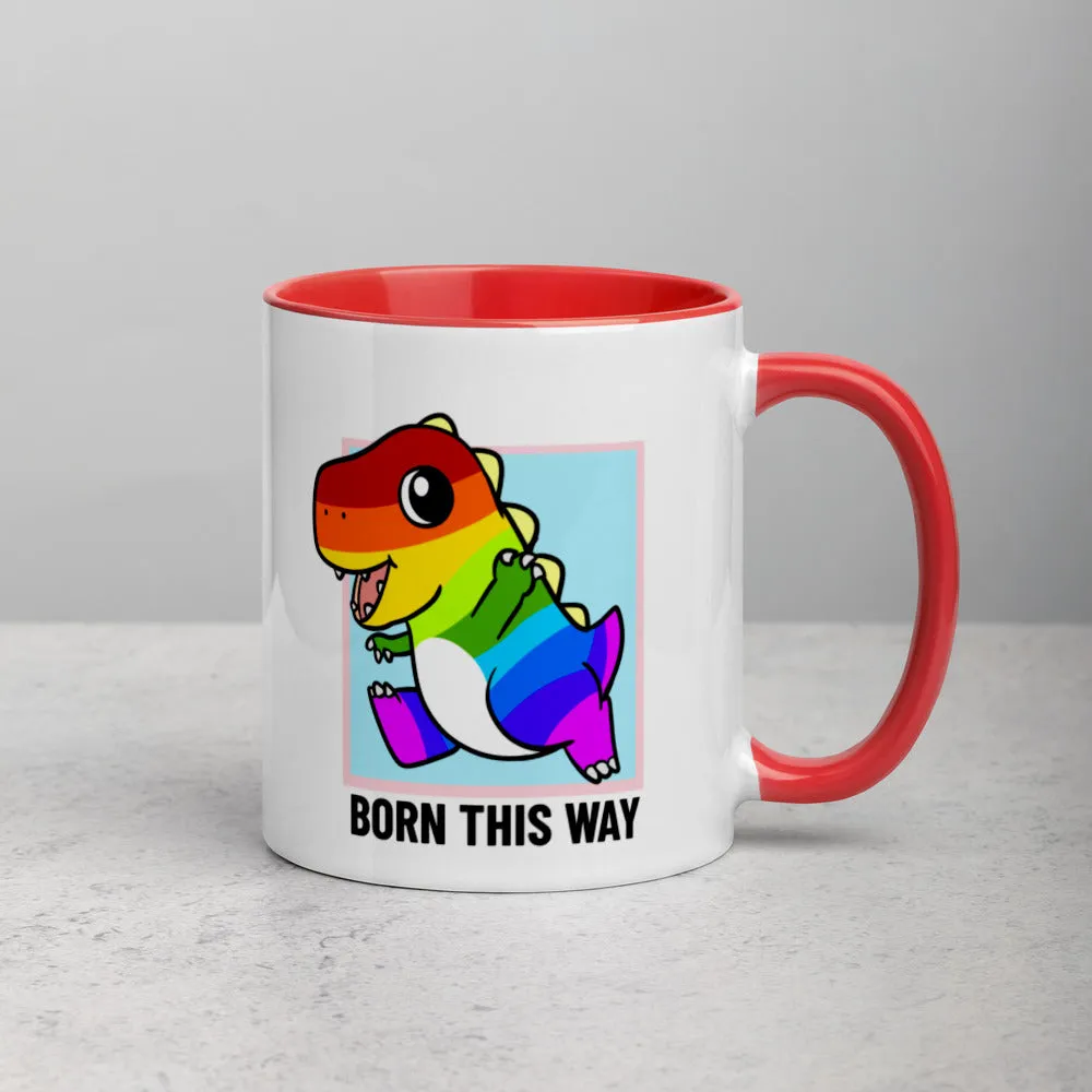 Born This Way LGBT Pride Cartoon Porcupine and Dinosaur Mug with Color Inside