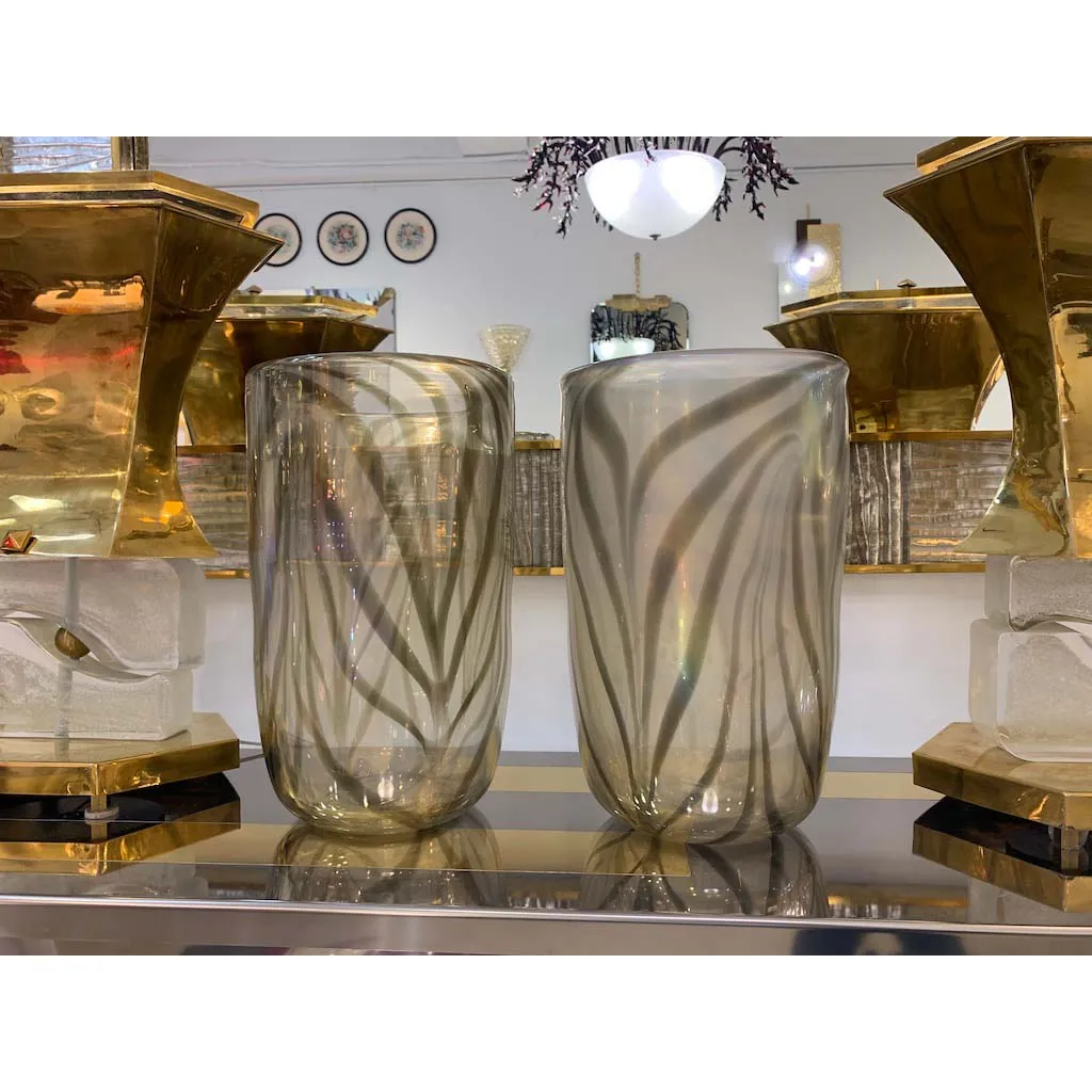 Cenedese Italian Pair of Iridescent Zebra Smoked Gold Murano Glass Modern Vases