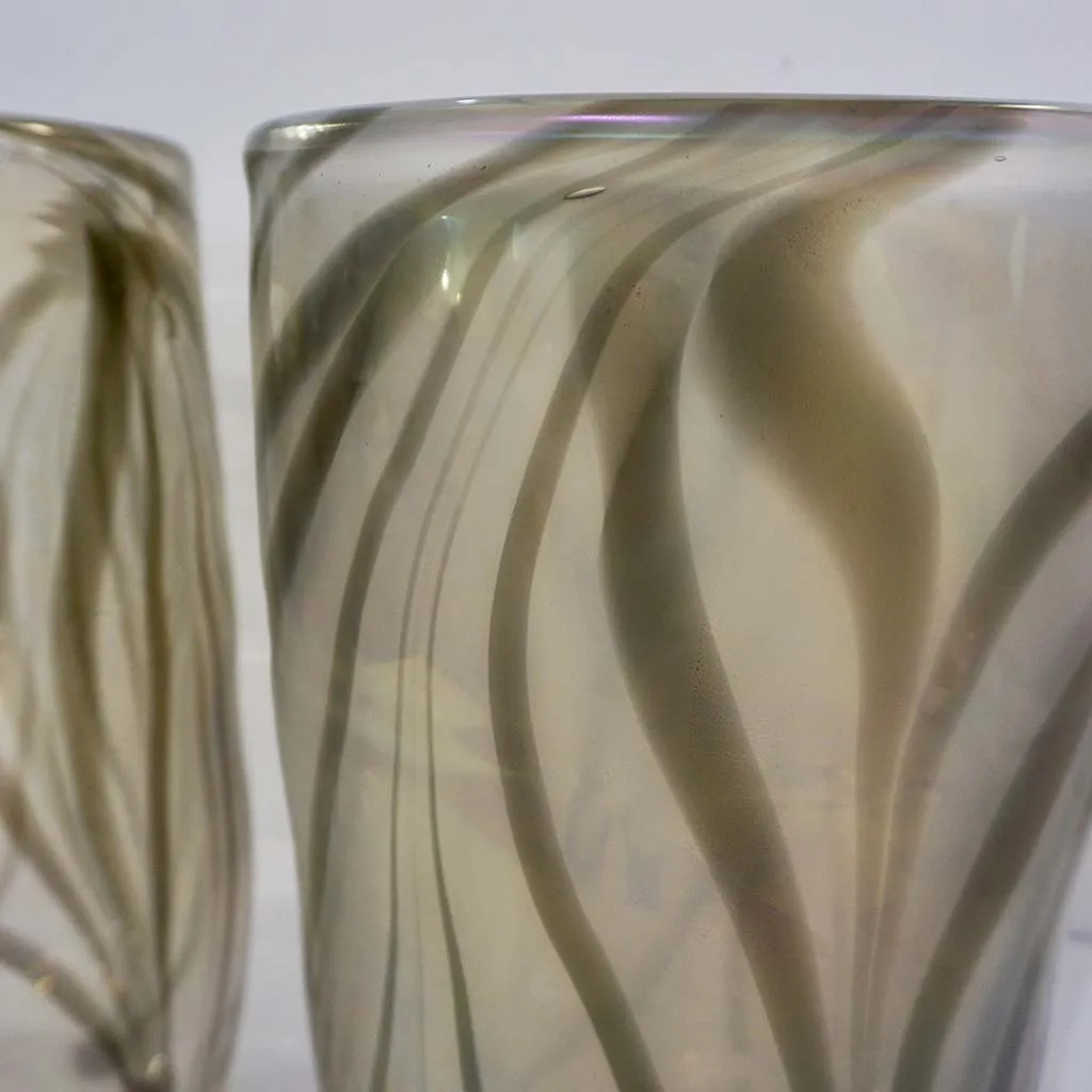 Cenedese Italian Pair of Iridescent Zebra Smoked Gold Murano Glass Modern Vases