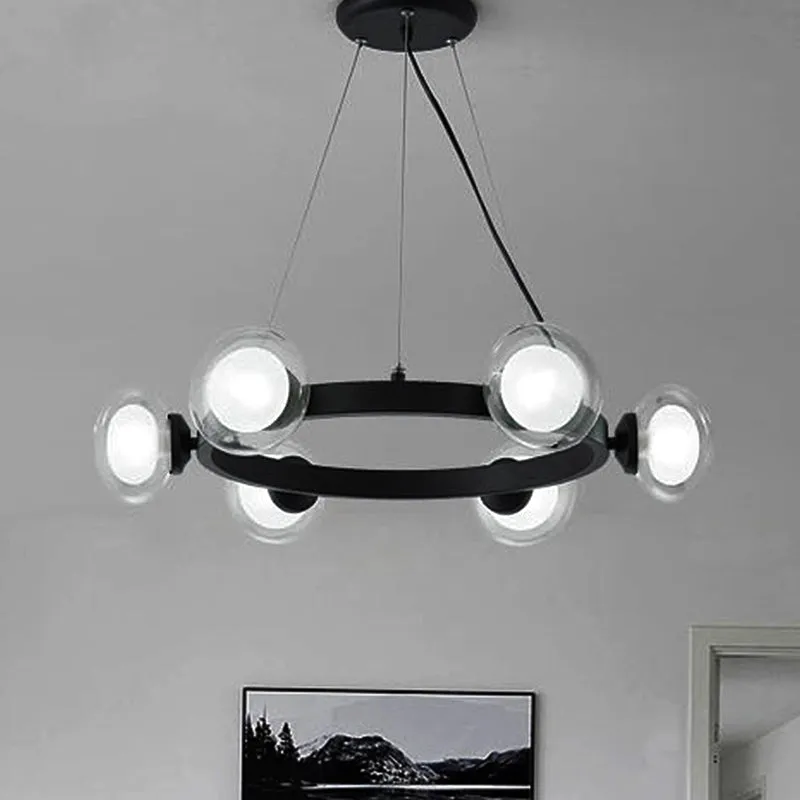 Contemporary Clear Glass Chandelier with Circle Ring Design - LED Lights - Black Finish