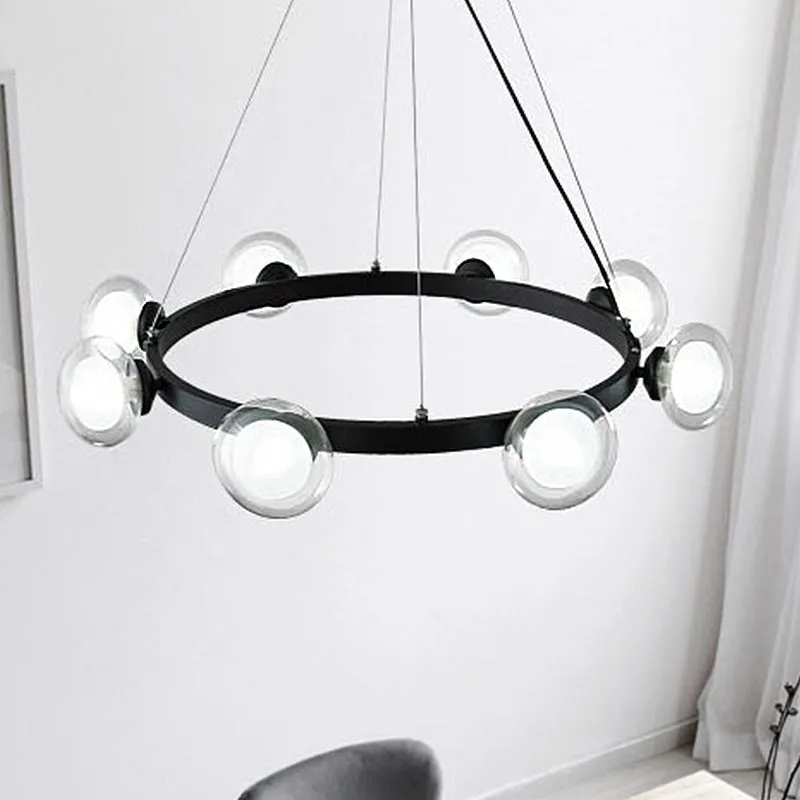 Contemporary Clear Glass Chandelier with Circle Ring Design - LED Lights - Black Finish