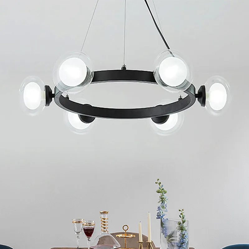 Contemporary Clear Glass Chandelier with Circle Ring Design - LED Lights - Black Finish