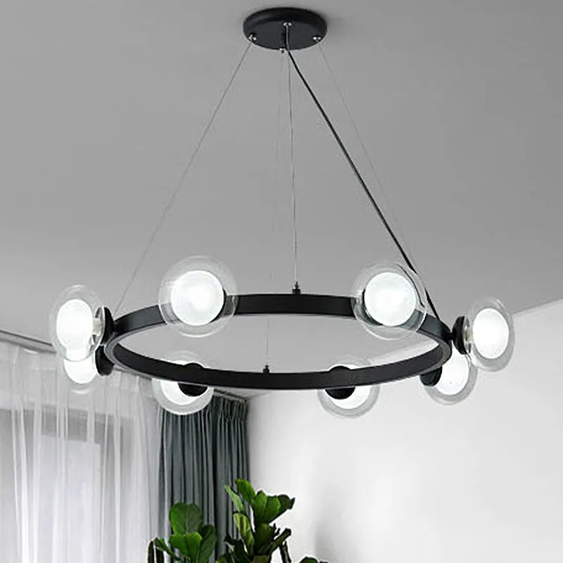 Contemporary Clear Glass Chandelier with Circle Ring Design - LED Lights - Black Finish