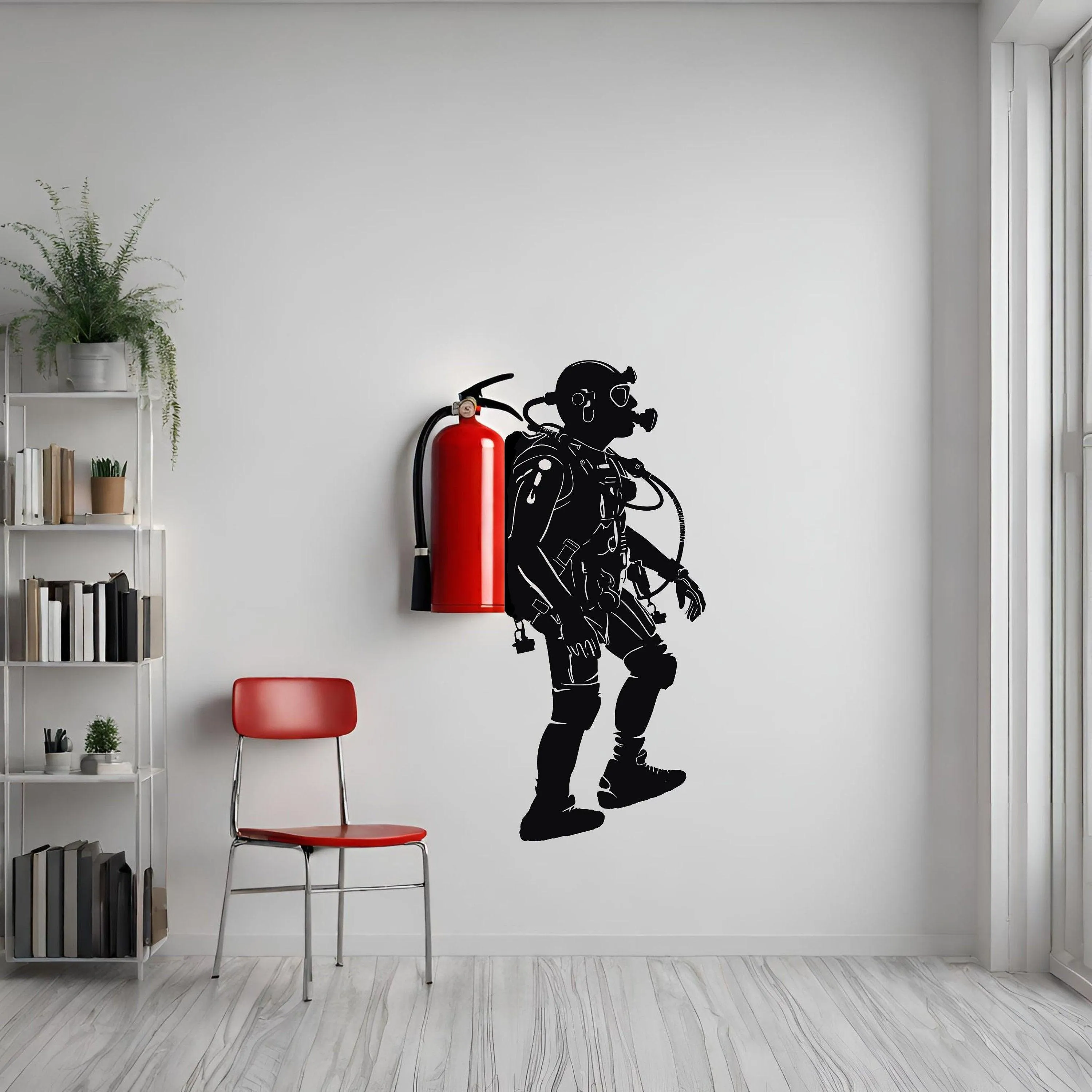 Creative Scuba Diver Silhouette Wall Sticker - Fire Extinguisher Deep Dive Design