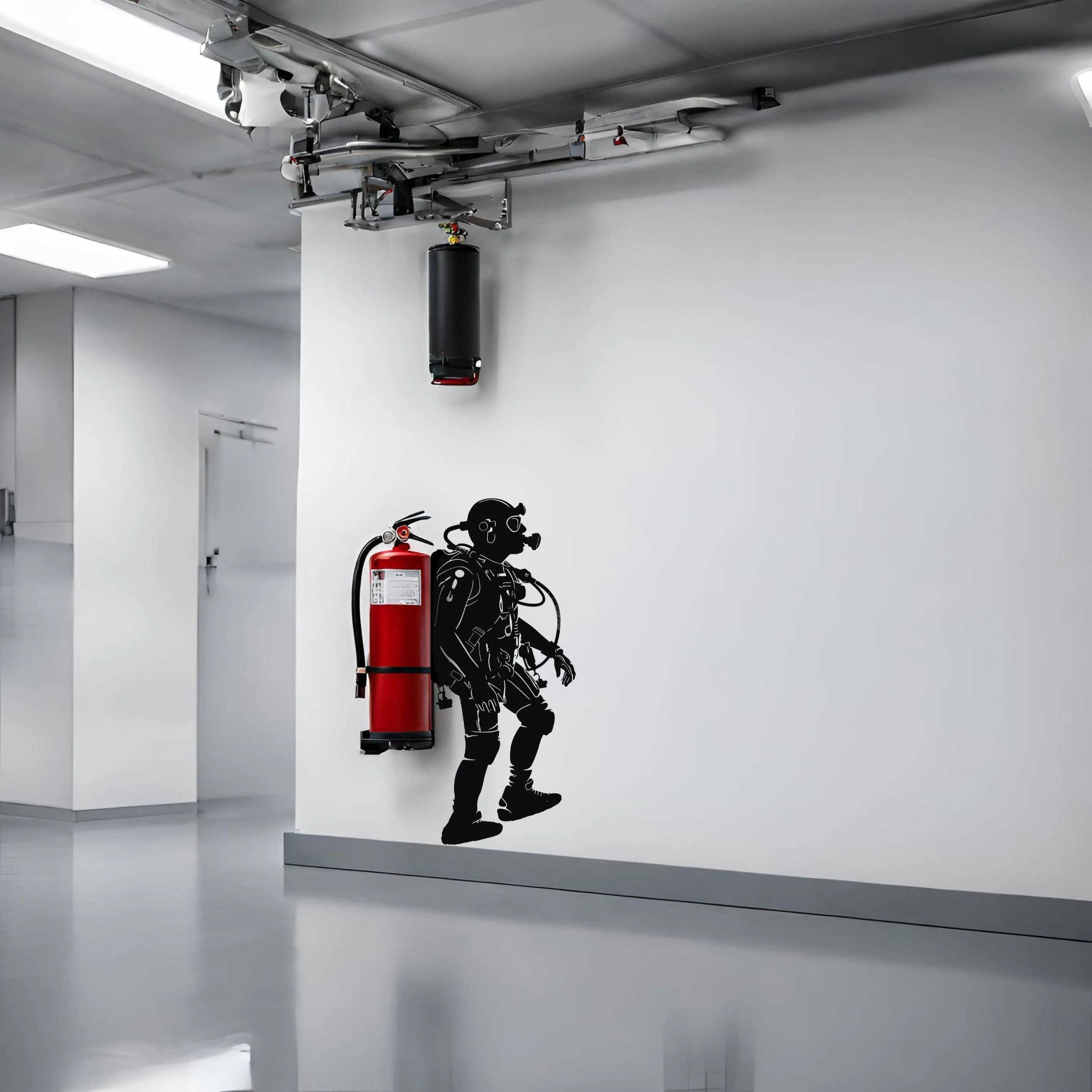 Creative Scuba Diver Silhouette Wall Sticker - Fire Extinguisher Deep Dive Design