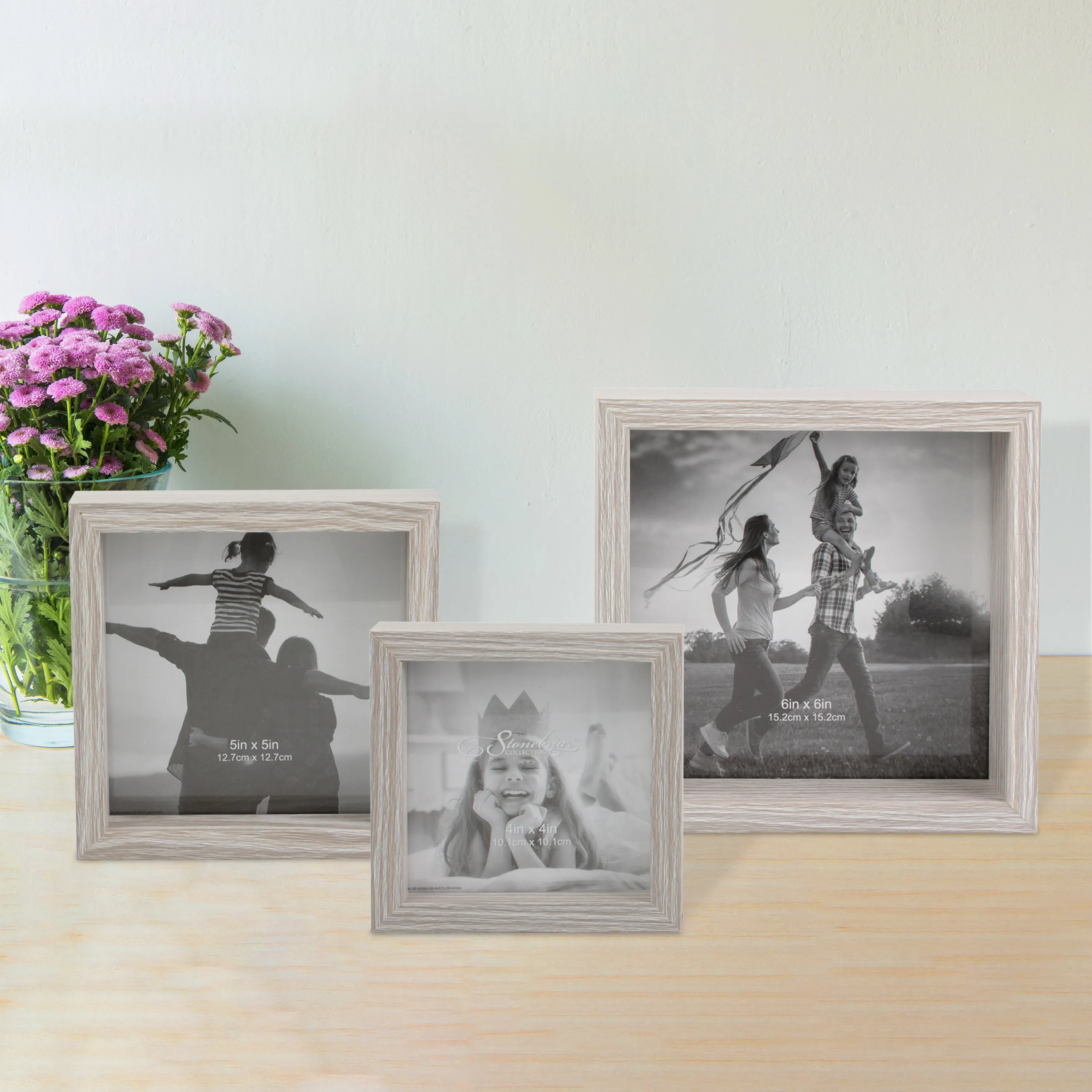 Decorative Square Wall Mounted Gallery Frames, Wood, Light Gray, Set of 3