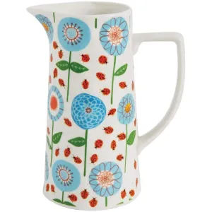 Farmhouse Collection Glossy Ceramic Stoneware Pitcher, Spouted with Handle, Floral Design - 64 oz.