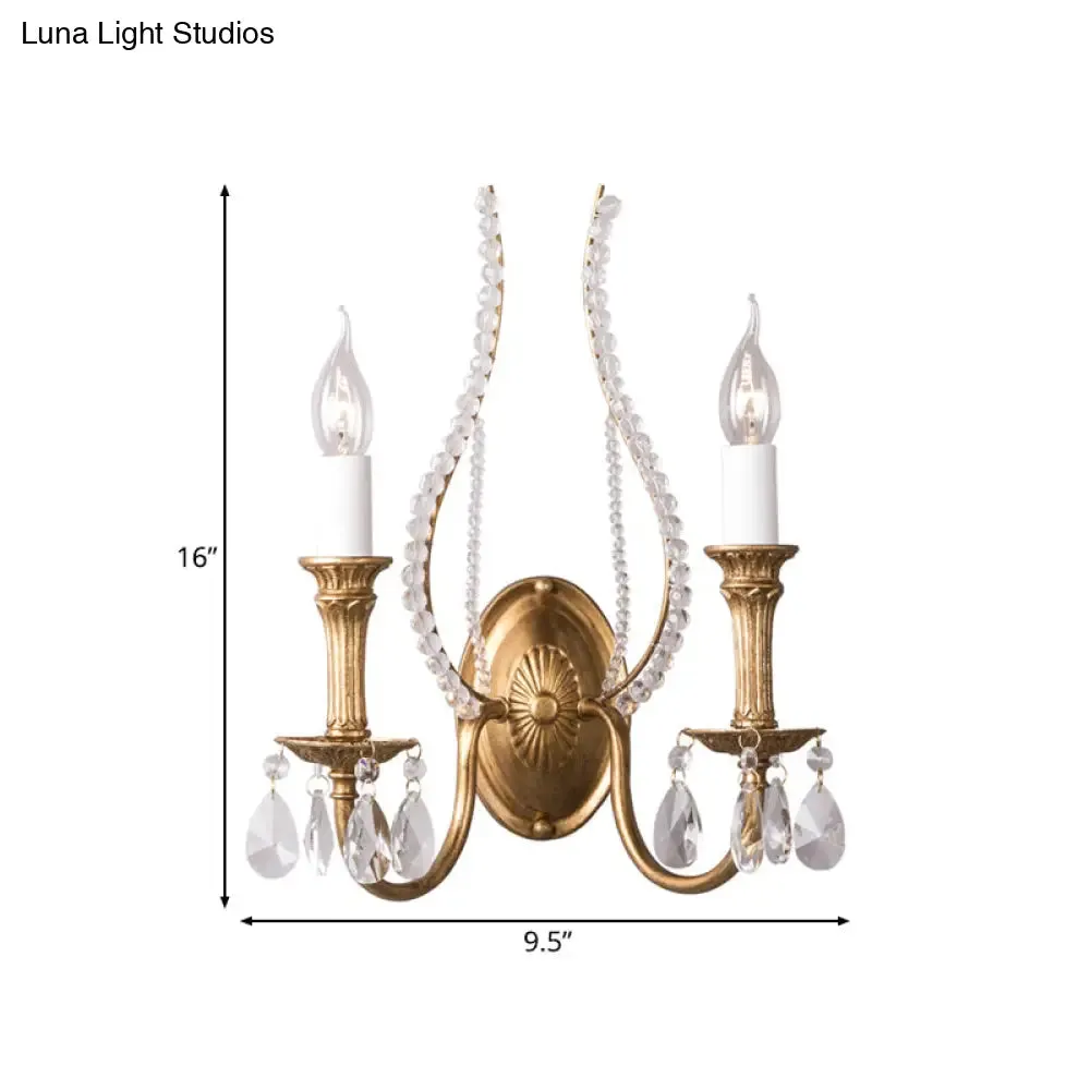 Gold Metal Country Wall Lamp with Crystal Accents - 2 Lights Sconce