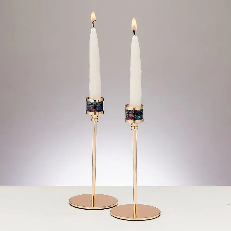 Gold Tone Finish / Enameled Aluminum Shabbat Candlesticks Candle Holders