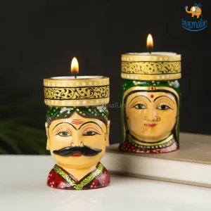 Hand-Crafted Wooden Face Tea Light Holder - Set of 2