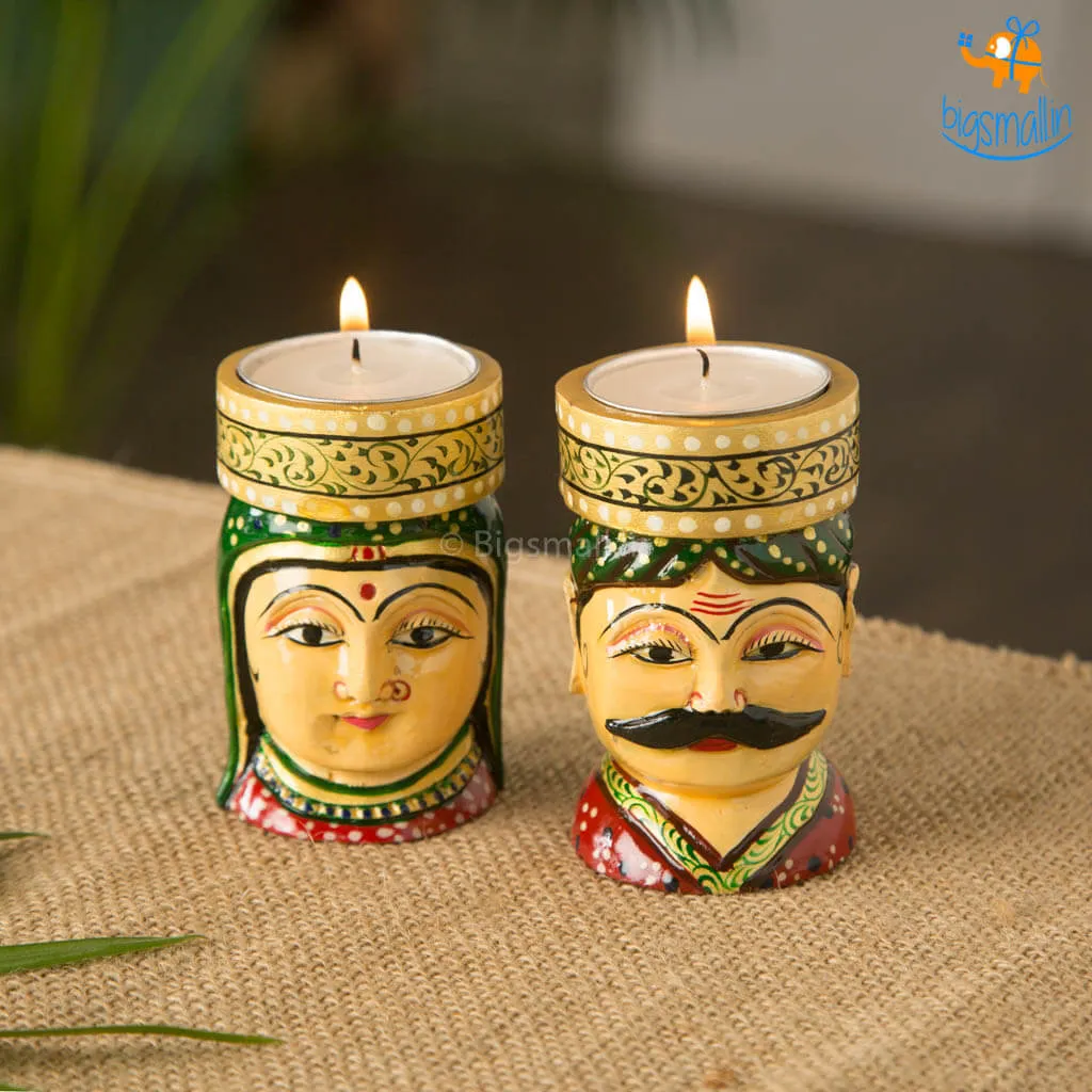 Hand-Crafted Wooden Face Tea Light Holder - Set of 2