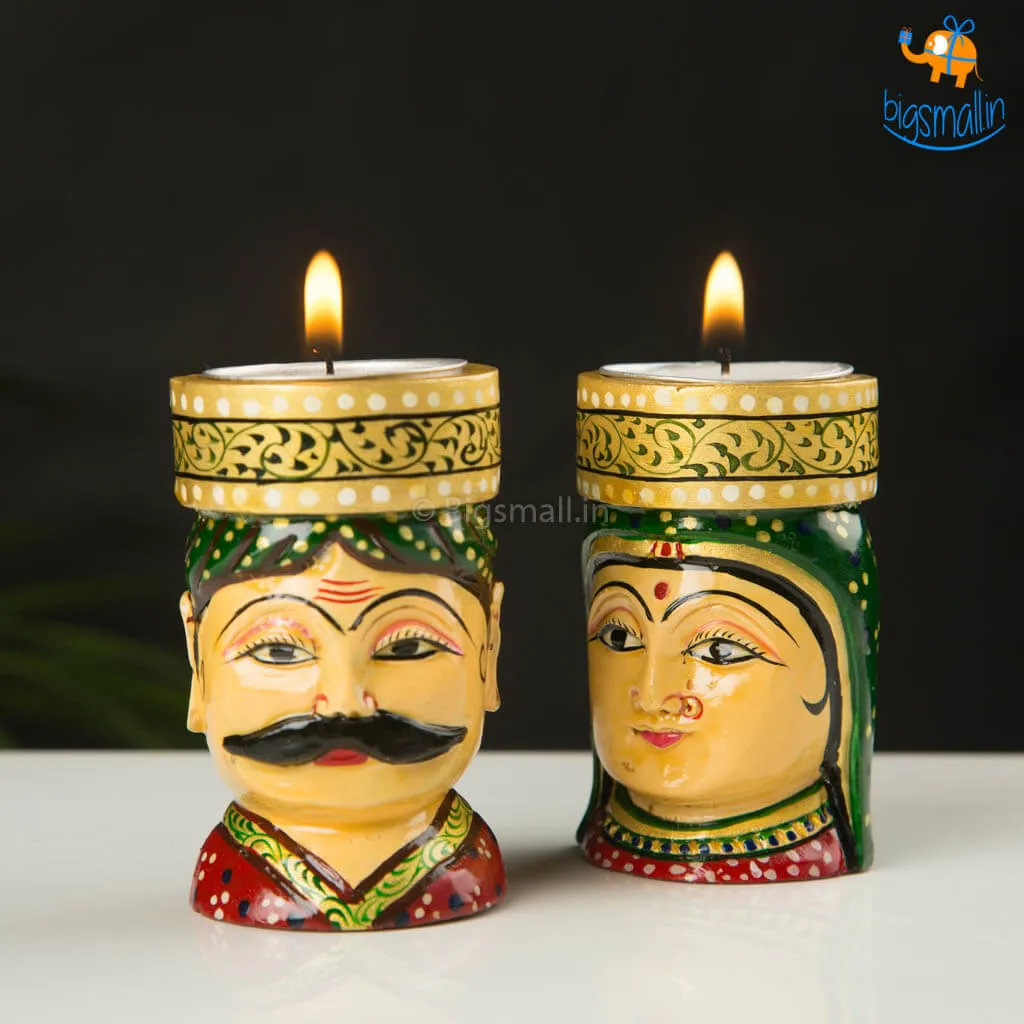 Hand-Crafted Wooden Face Tea Light Holder - Set of 2