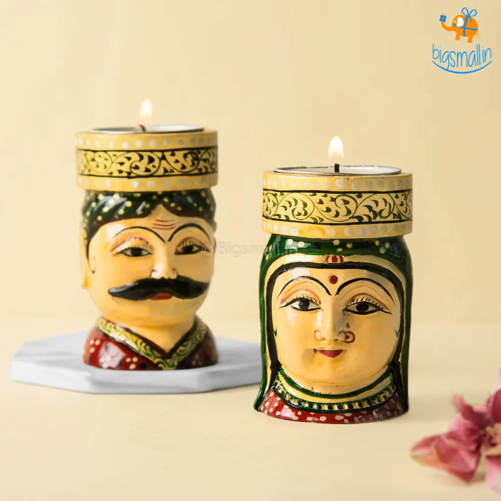 Hand-Crafted Wooden Face Tea Light Holder - Set of 2