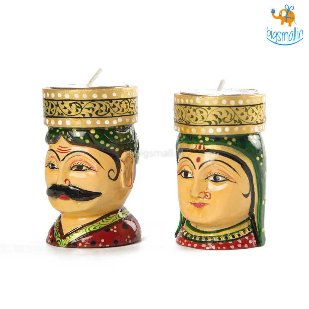 Hand-Crafted Wooden Face Tea Light Holder - Set of 2