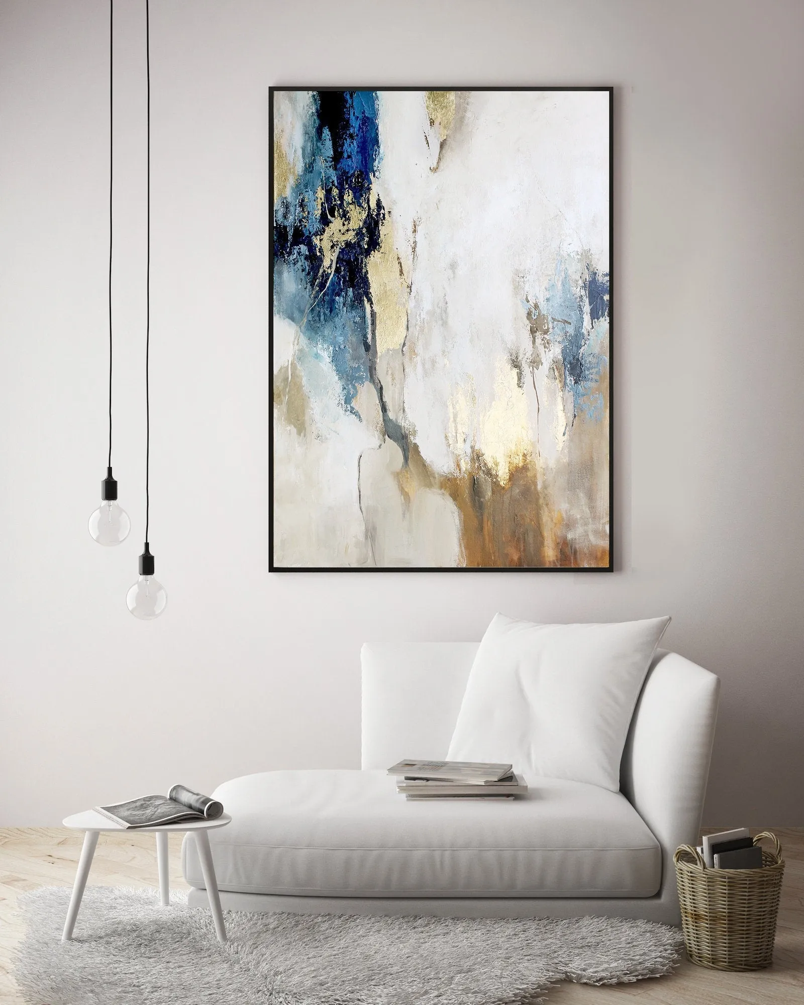 Huge Acrylic Abstract Blue Gold Beige Gray Brown White Painting Canvas Np030