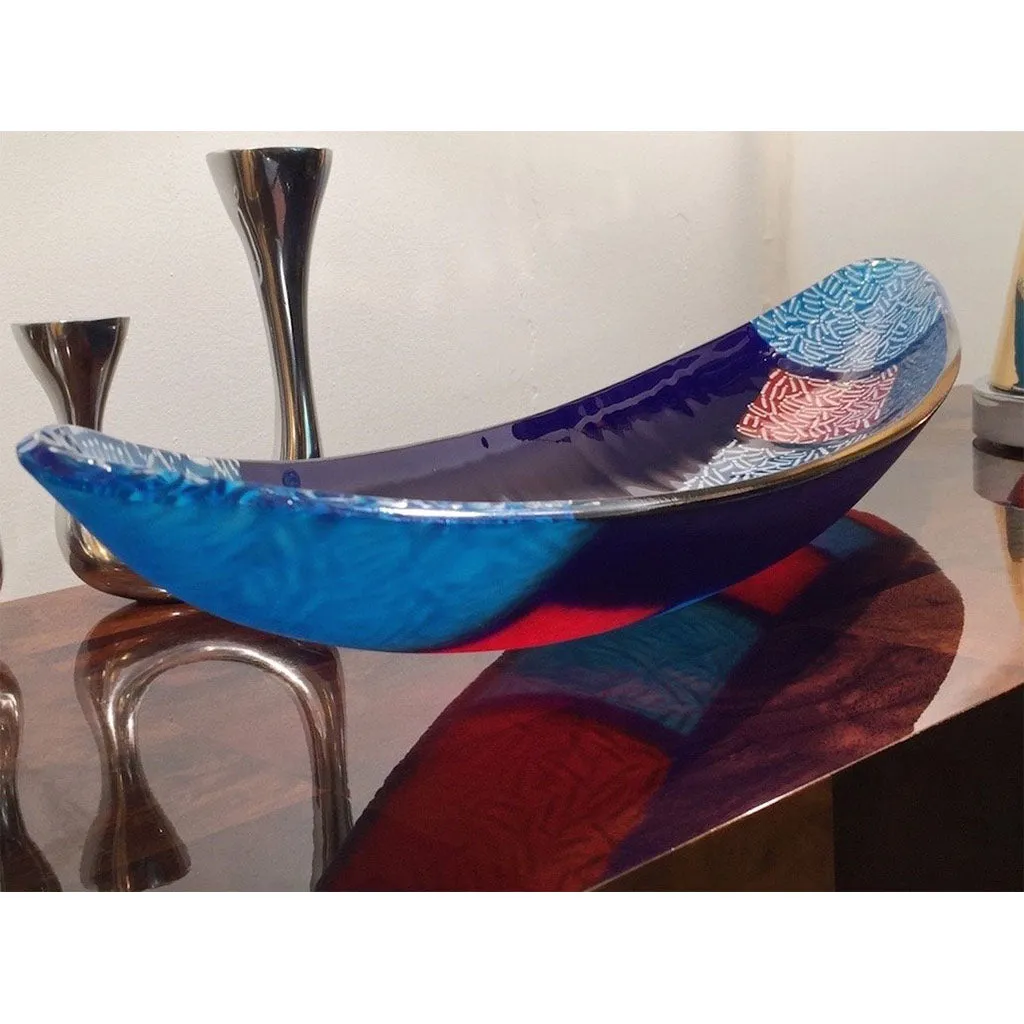 Italian Orientalist Azure Blue and Red Murano Glass Bowl Modern Centerpiece