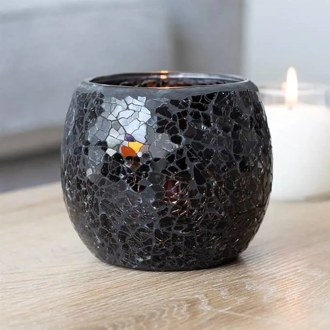 Large Black Crackle Glass Candle Holder