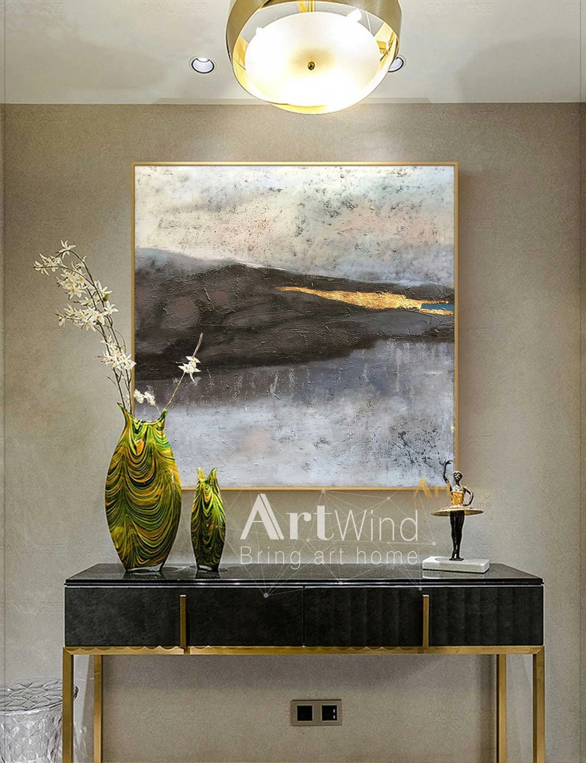 Large Gray Painting Gold Abstract Canvas Art Gold Leaf Painting Home Decor Dp043