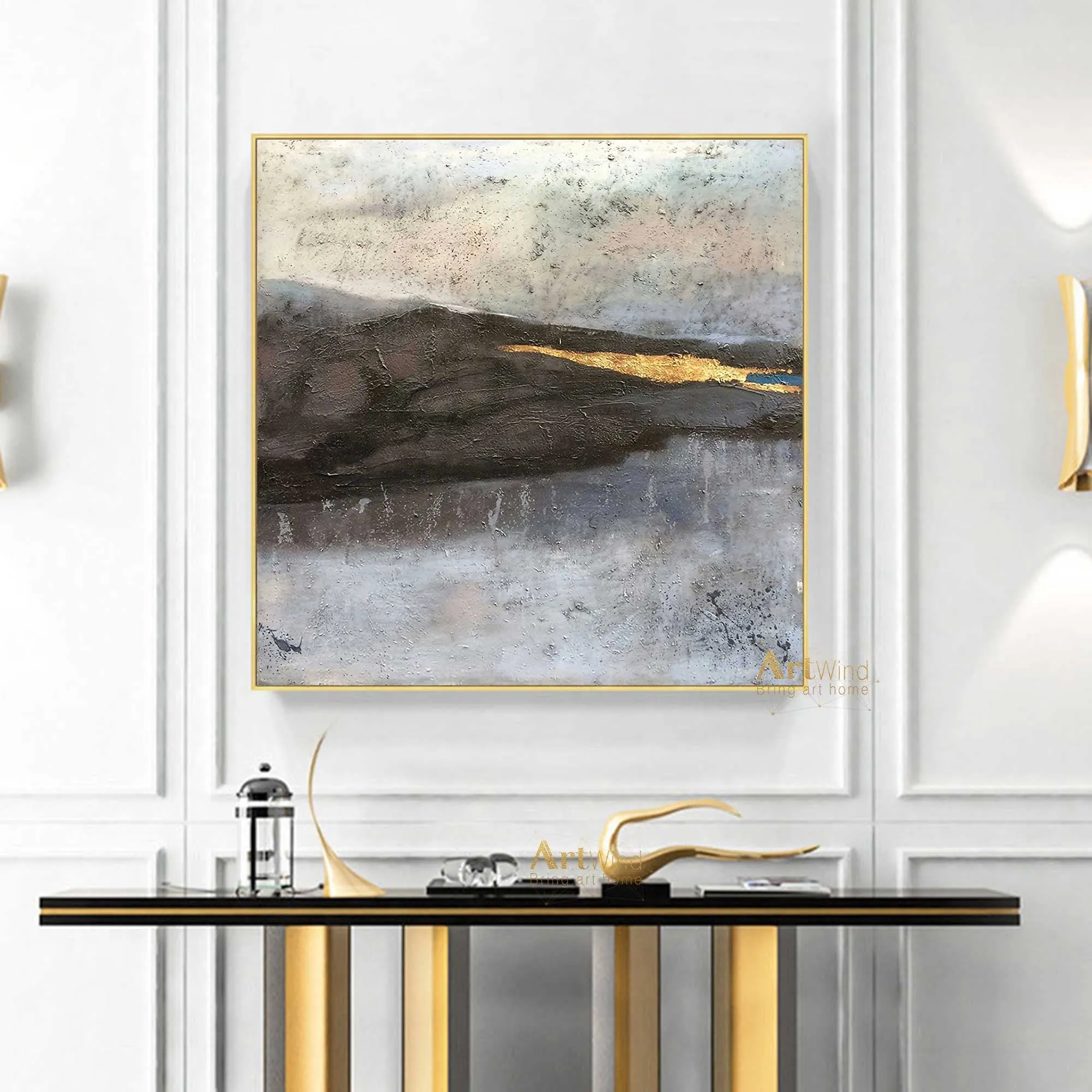 Large Gray Painting Gold Abstract Canvas Art Gold Leaf Painting Home Decor Dp043