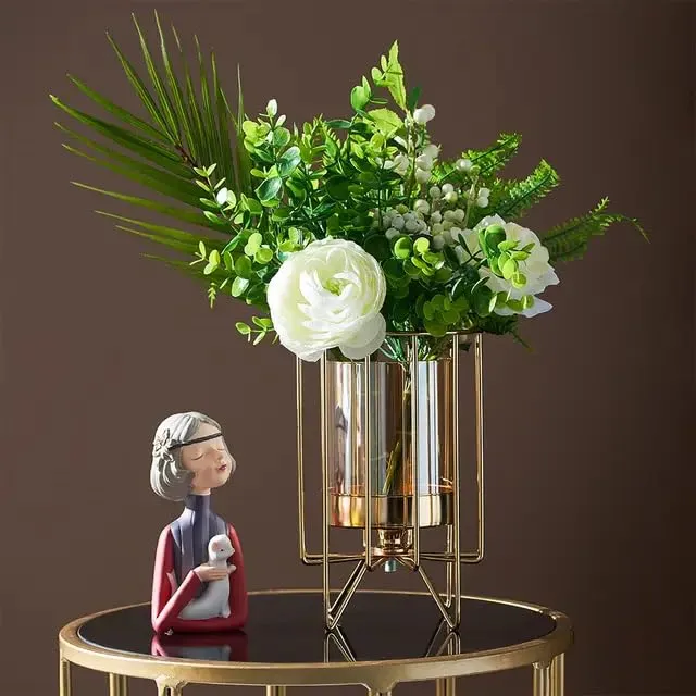 MAXXINN Metal Geometric Designer Gold Pillar Flower Vase with Removable Glass Modern Design for Pot, Gift, Home Decor, Bedroom, Office Corner, Christmas Décor Item (Gold)