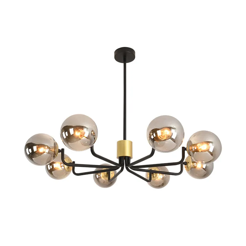 Modern 8-Head Brass and Black Chandelier with Grey Glass Spherical Suspension and Radial Design