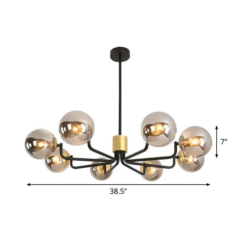 Modern 8-Head Brass and Black Chandelier with Grey Glass Spherical Suspension and Radial Design