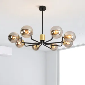 Modern 8-Head Brass and Black Chandelier with Grey Glass Spherical Suspension and Radial Design