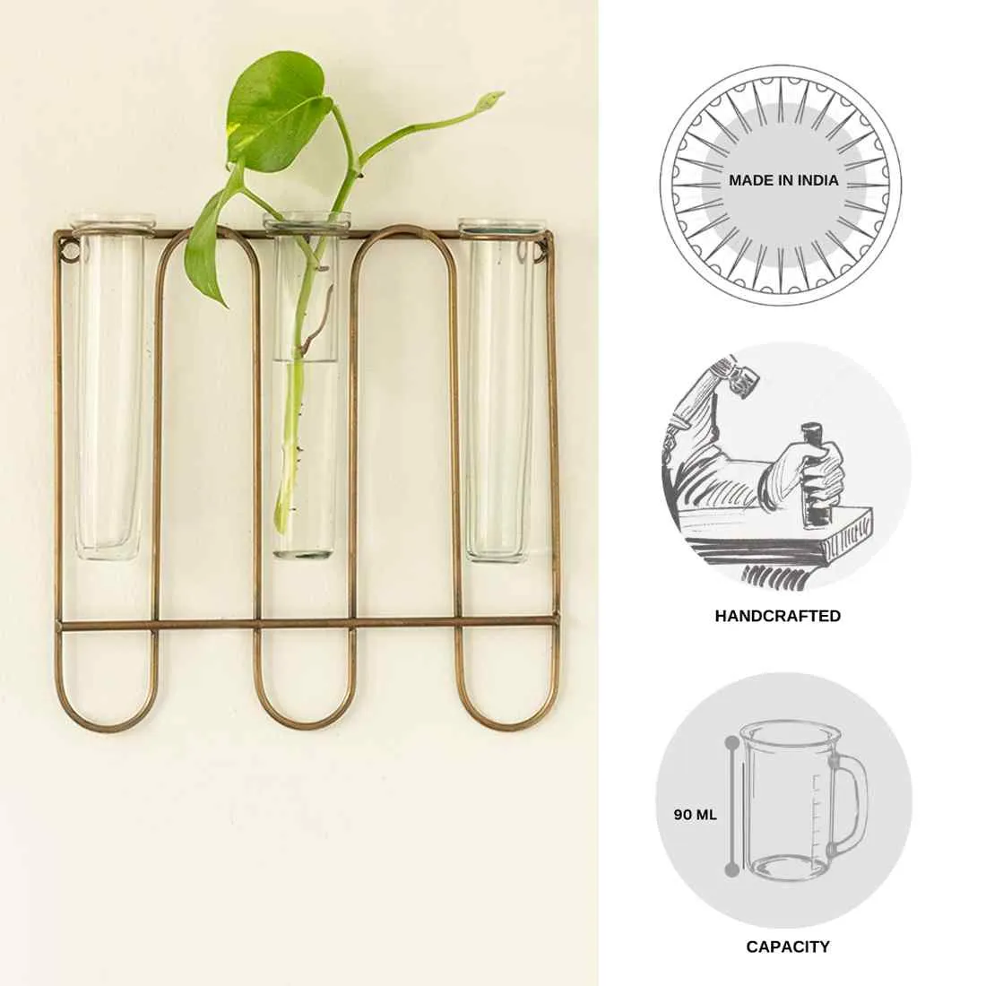 Modern Glass Garden' Test Tube Wall Planter/Vases (25.4 cm | Golden)