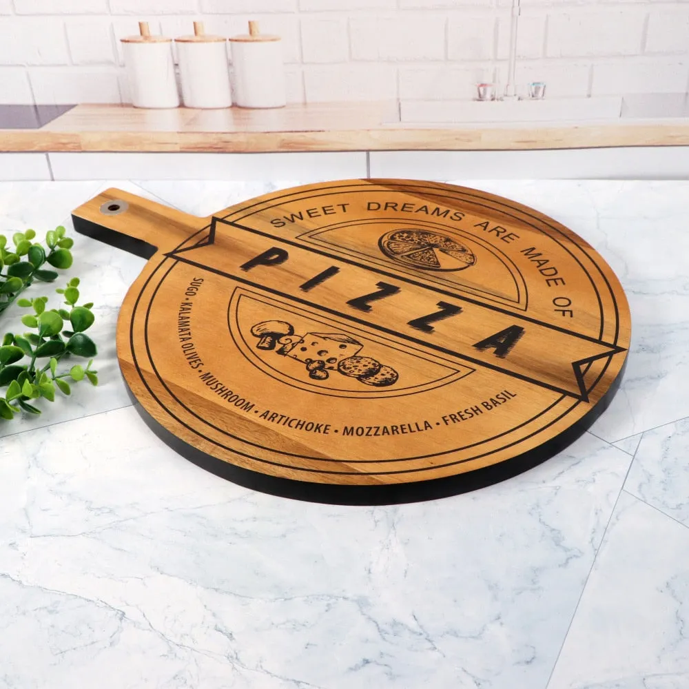 Natural Acacia Wood Pizza Boards With Handle Paddle Cutting Boards