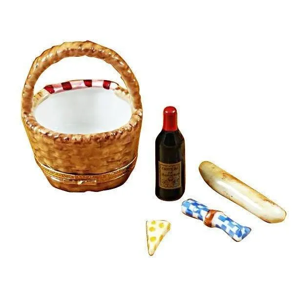 Picnic Basket with Wine, Bread, Cheese & Napkin