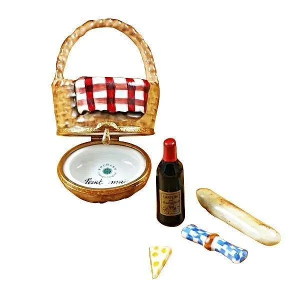 Picnic Basket with Wine, Bread, Cheese & Napkin