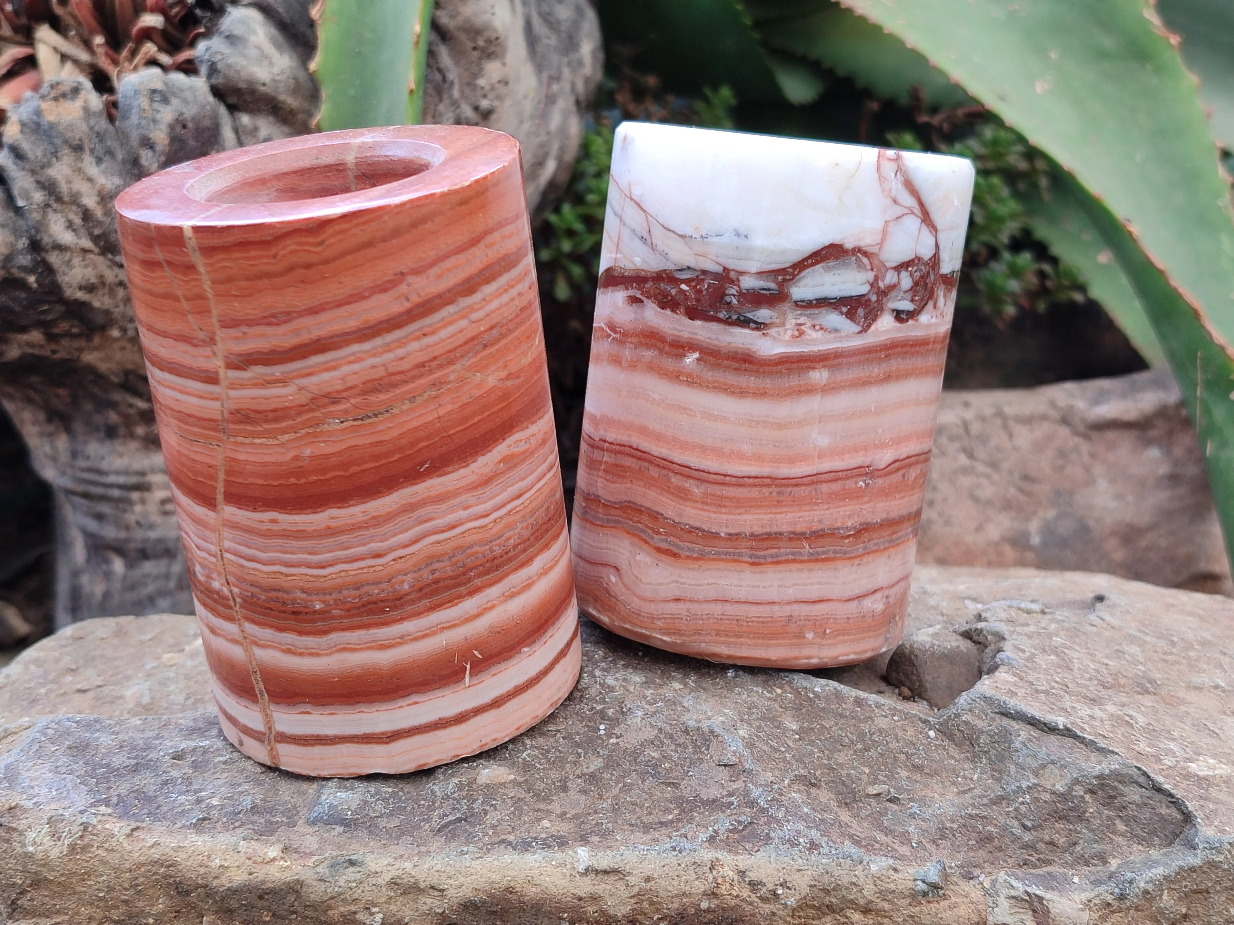 Polished Banded Onyx Candle Holders x 2 From Mexico