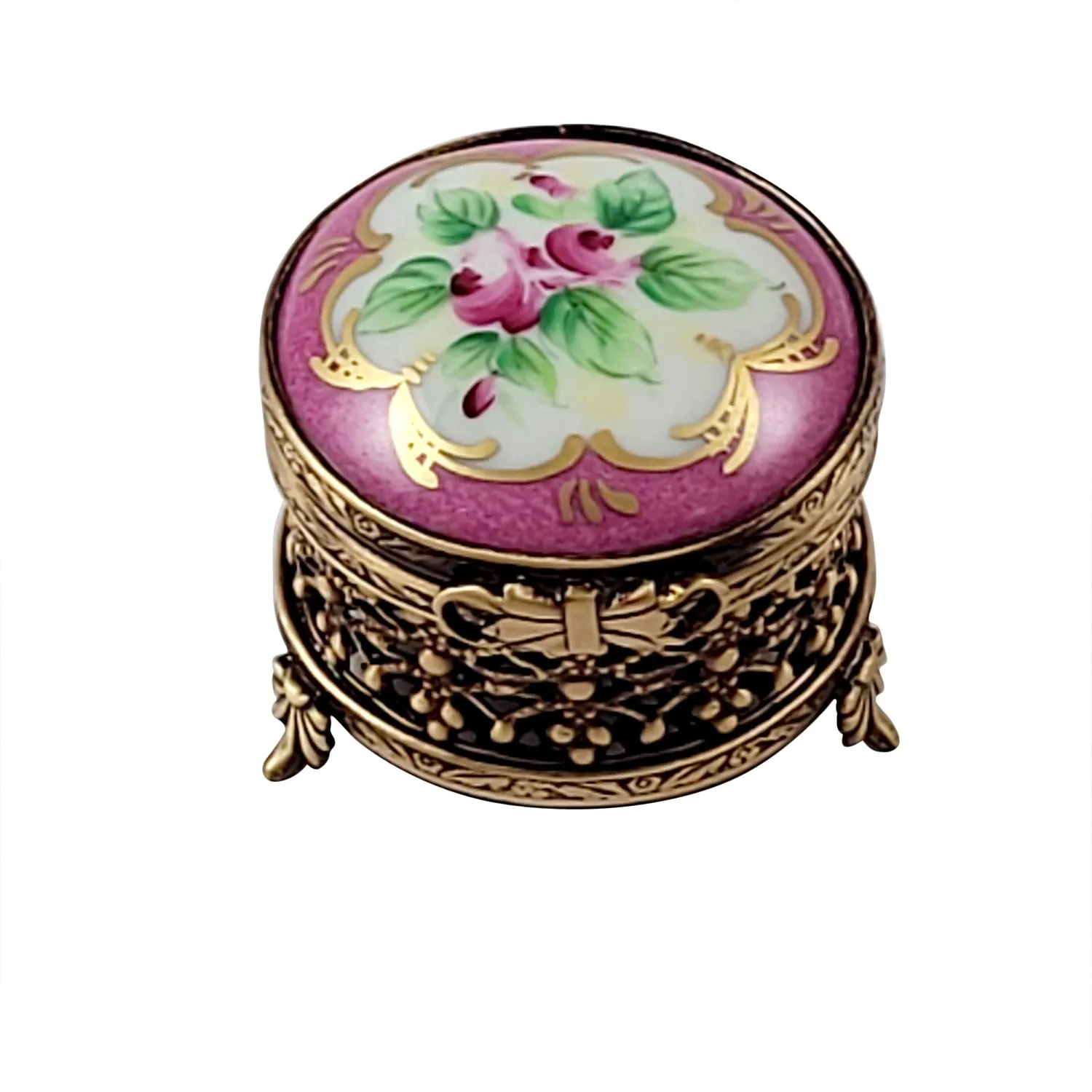 SMALL ROUND PINK WITH FLOWERS AND ORNATE BRASS