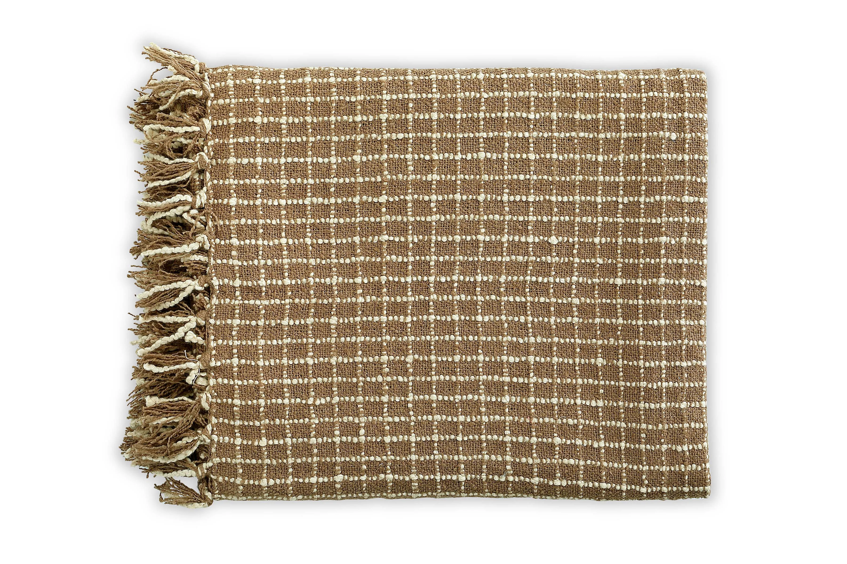 Throw Blanket  - Cotton Boucle Small Checkered | Latte Ivory 52in x 68in