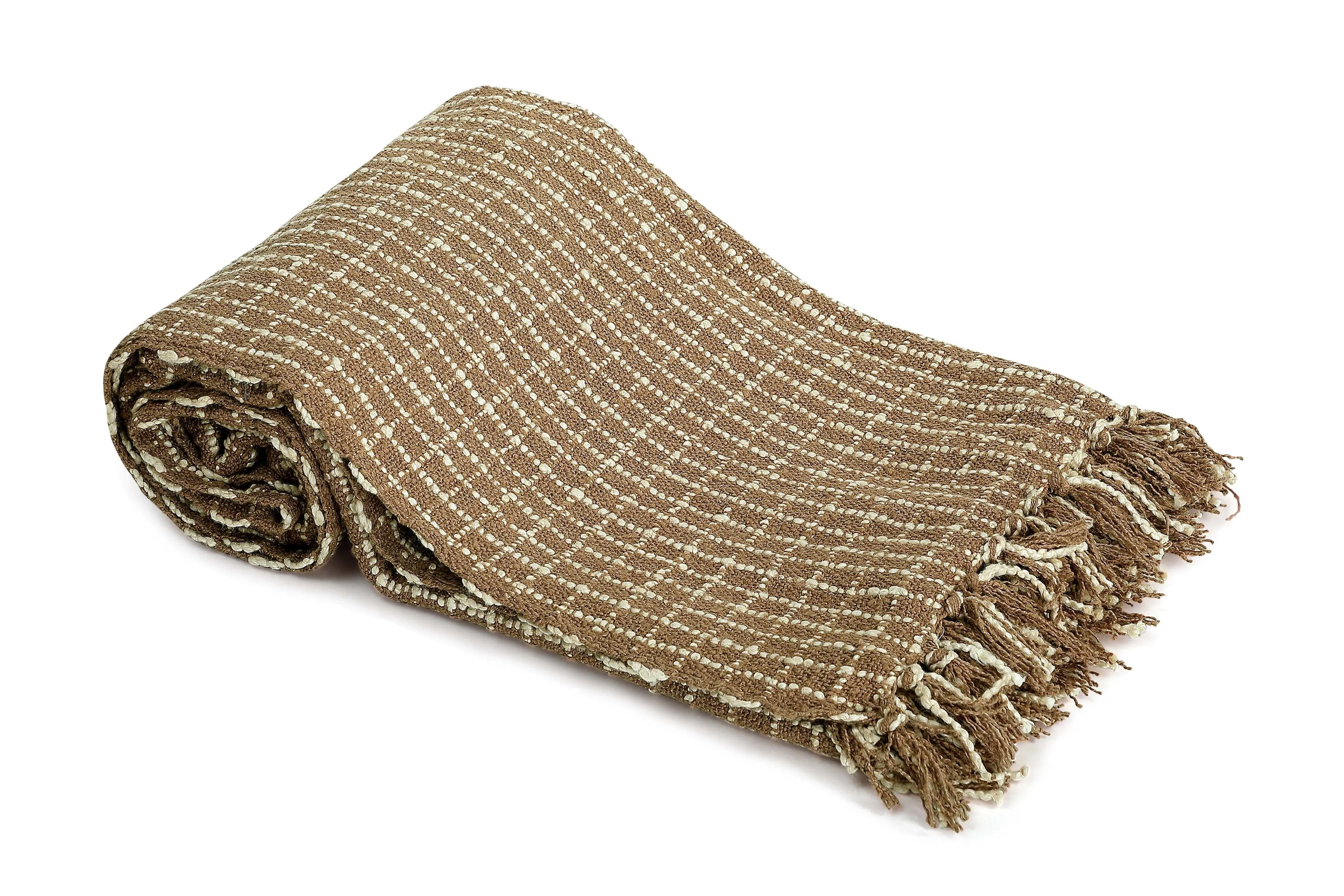 Throw Blanket  - Cotton Boucle Small Checkered | Latte Ivory 52in x 68in